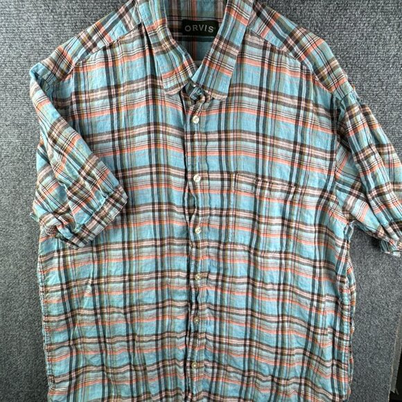 Orvis Short Sleeve Button Up Shirt All Linen Plaid Orange Blue XL Outdoors Men - Picture 1 of 9
